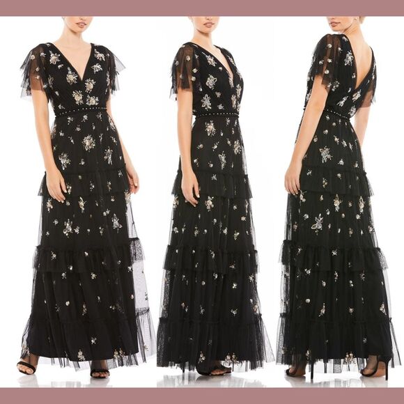 NEW $598 Mac Duggal [ 8 ] Ruffle Tiered Embellished Flutter Sleeve‎ Gown #G1606 - Picture 2 of 16